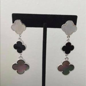 3-tone long white gold plated earrings